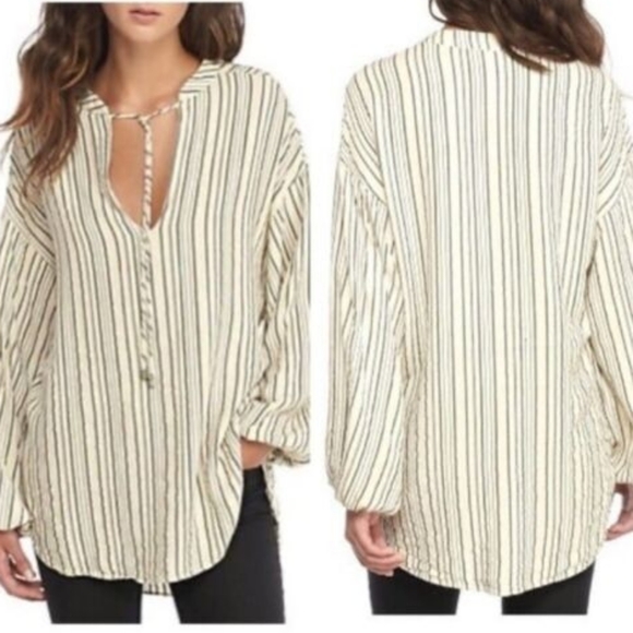 Free People Gray and White Boxy Long Sleeve Blouse - Picture 6 of 6